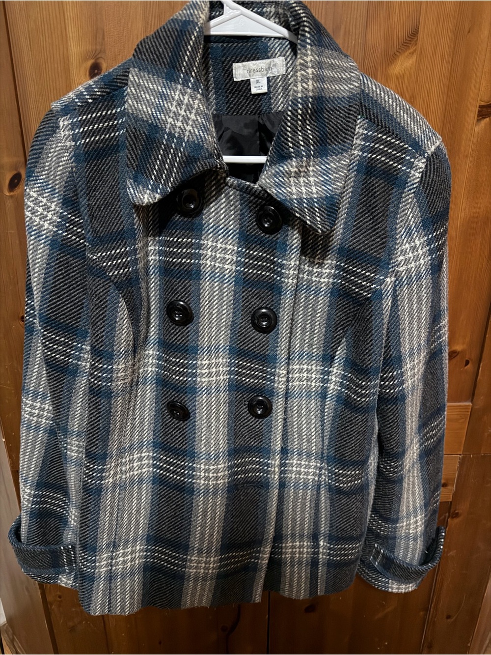 dressbarn Double-Breasted Plaid Peacoat in Blue & Gray